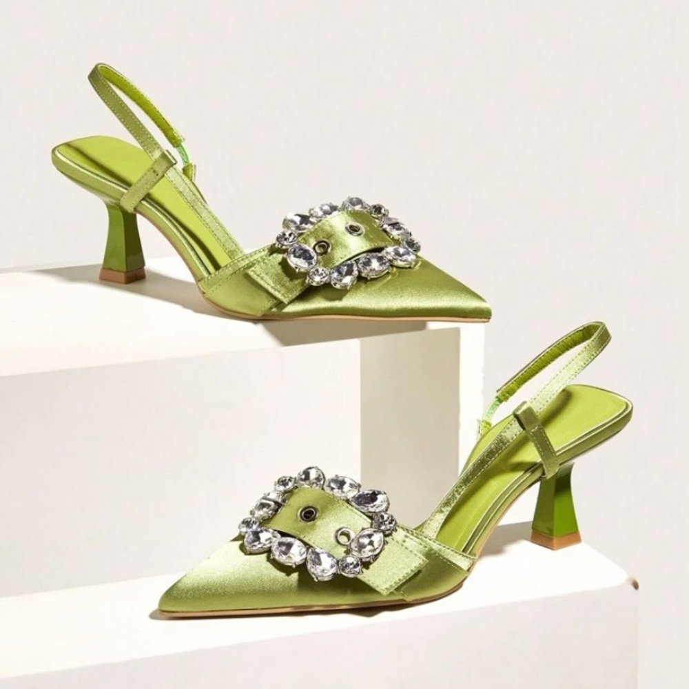 Green Embellished Backless Satin Pumps Shoes